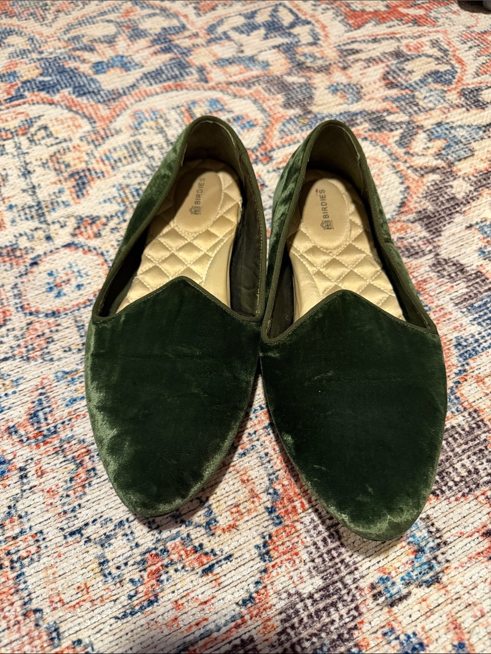 Birdies Dark Green Velvet Pointed Loafers